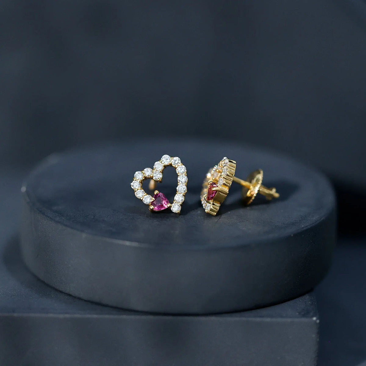 Sterling Silver Rhodolite Diamond Heart Stud Earrings