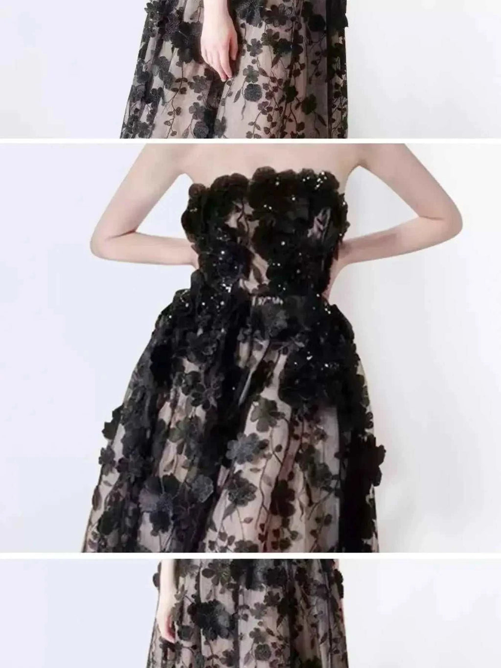 Strapless Floral Applique Midi Dress
