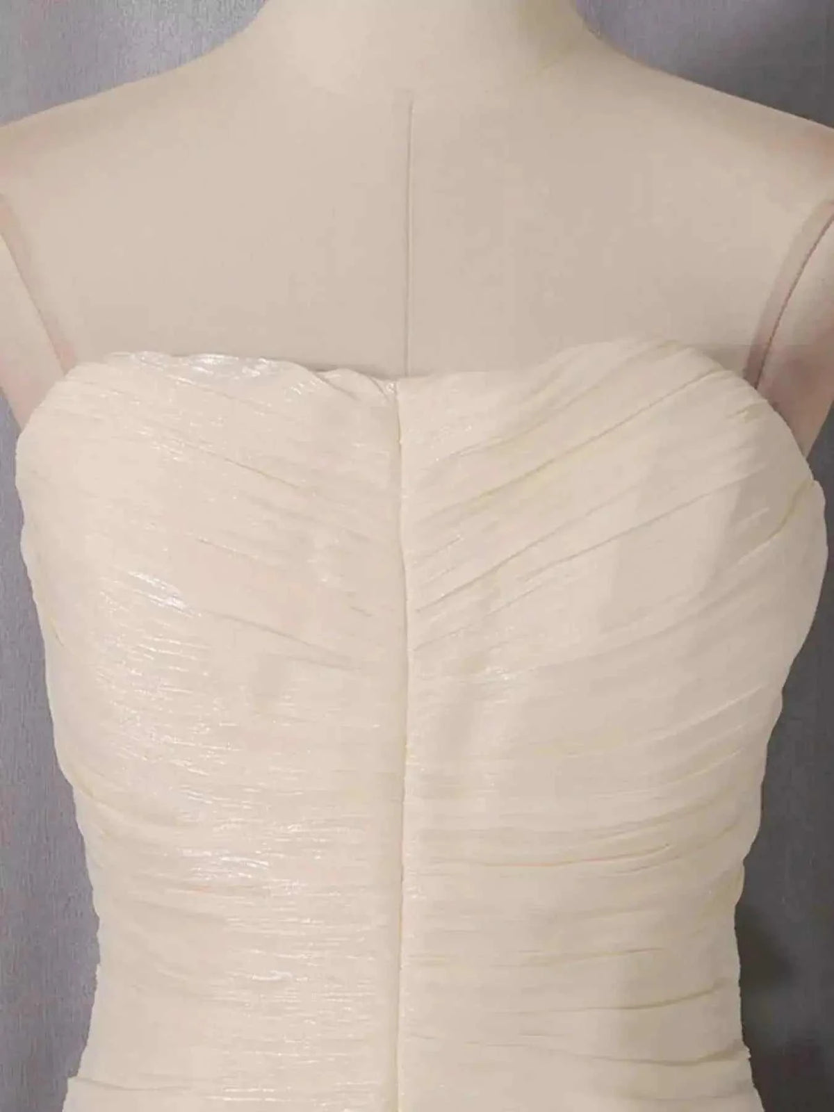 Strapless Ruffle Ruched Mini Dress in cream polyester featuring ruched detailing and a slight shimmer finish