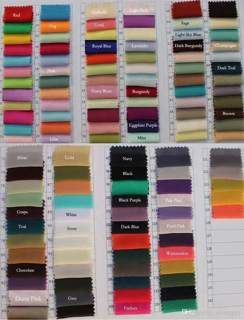 Fabric swatches in various colors and shades including red, orange, royal blue, lavender, sage, silver, gold, navy, and more for strapless V-neck wedding dresses