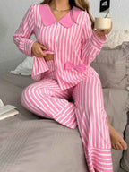 Stripe Buttoned Front long sleeve top and pants sleepwear set in pink and white vertical stripes with bow detail