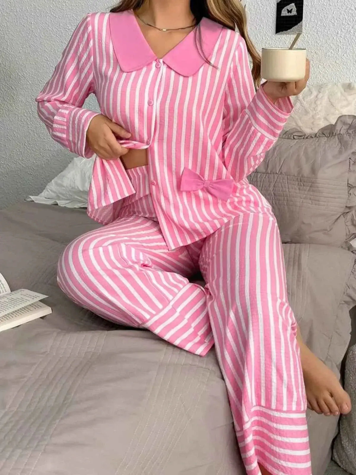 Stripe Buttoned Front long sleeve top and pants sleepwear set in pink and white vertical stripes with bow detail