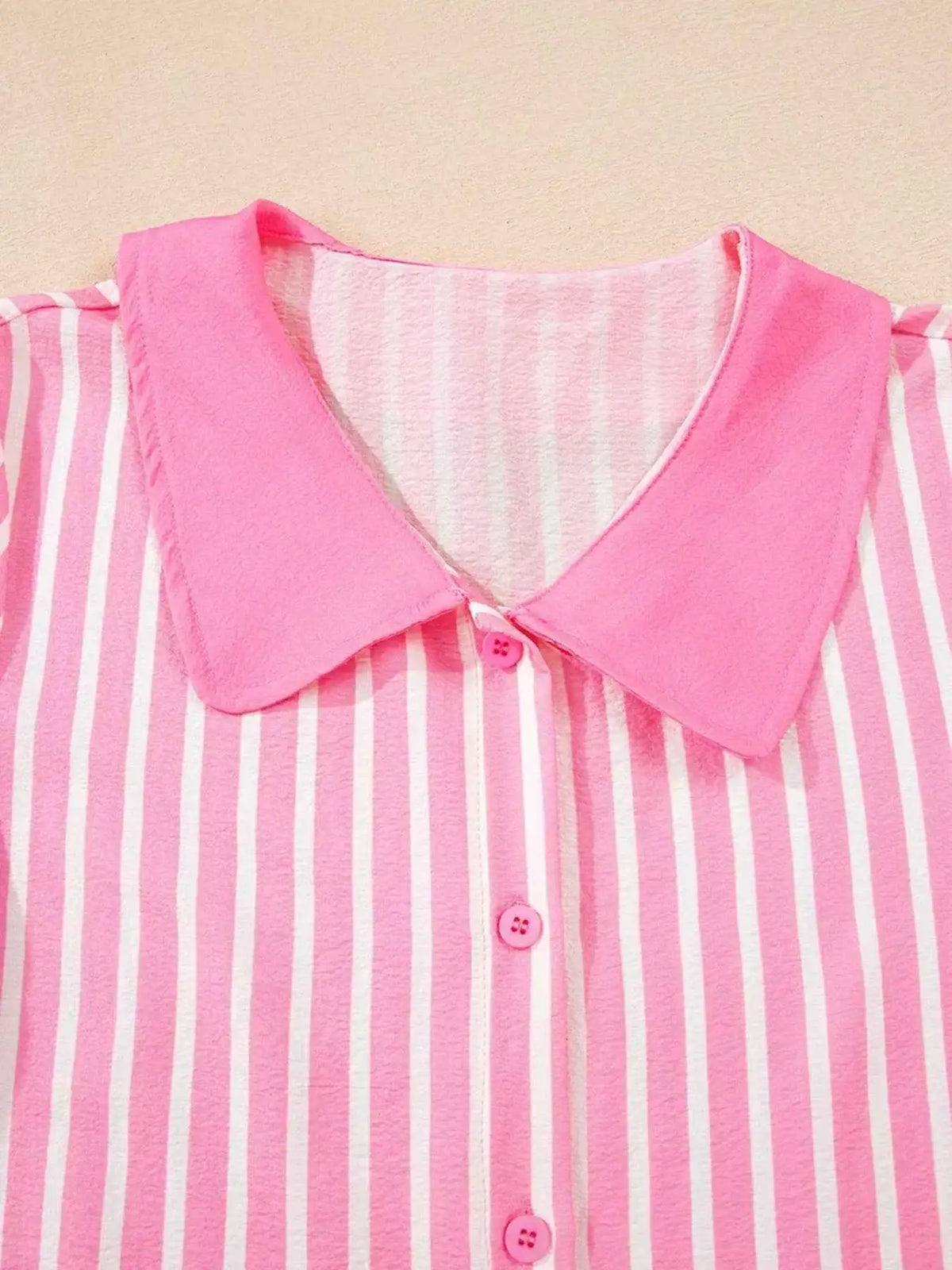 Stripe Buttoned Front pink and white striped polyester top with solid pink collar and pink buttons