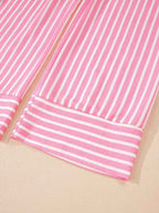 Stripe Buttoned Front pink and white striped sleepwear pants with cuffed hems in smooth polyester fabric