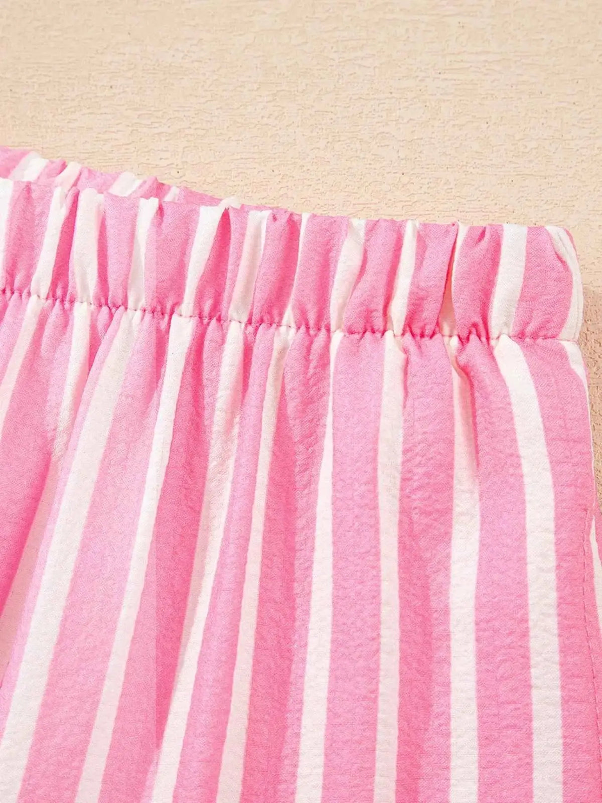 Stripe Buttoned Front pink and white striped polyester sleepwear pants with gathered elastic waistband
