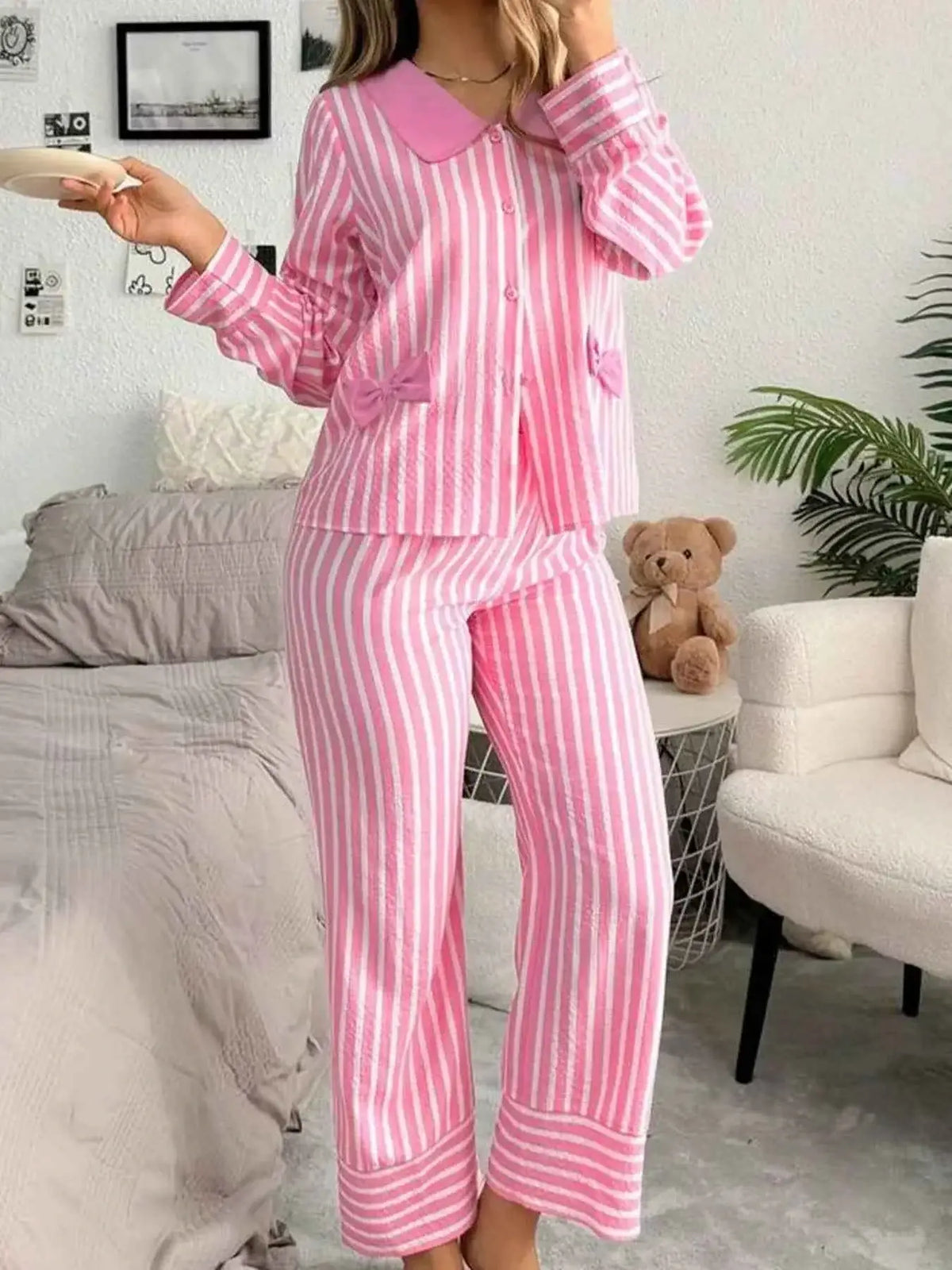 Stripe Buttoned Front pink and white striped long sleeve top and pants sleepwear set with bow details