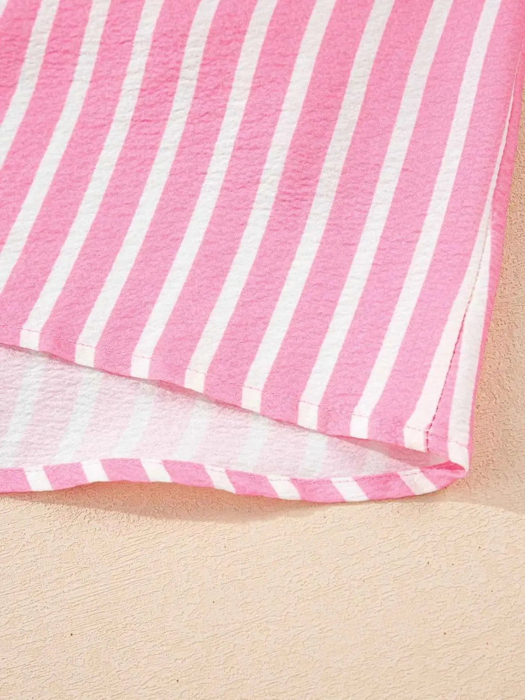 Stripe Buttoned Front pink and white striped polyester long sleeve top and pants two-piece sleepwear set with button closure and bow detail