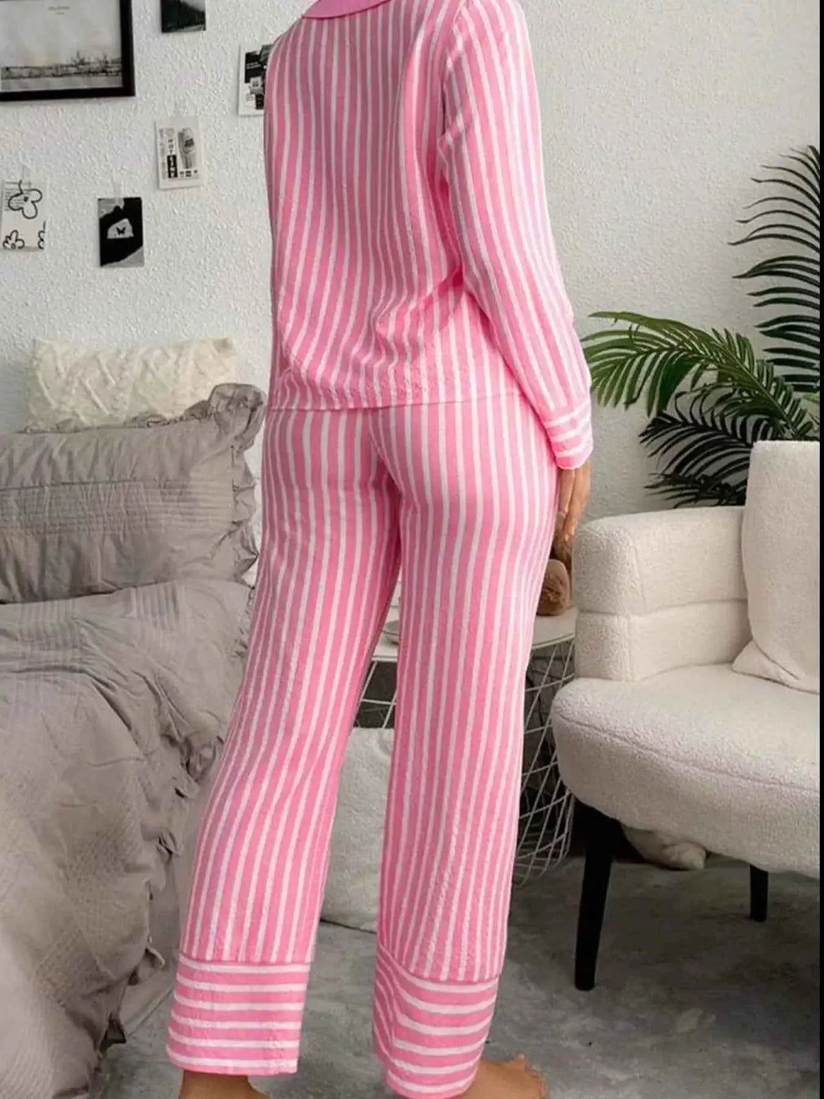 Stripe Buttoned Front two-piece sleepwear set in pink and white vertical stripes with long sleeves and full-length pants