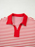 Stripe Collared V Neck Drop Shoulder Pullover and Skort 2pcs Outfit