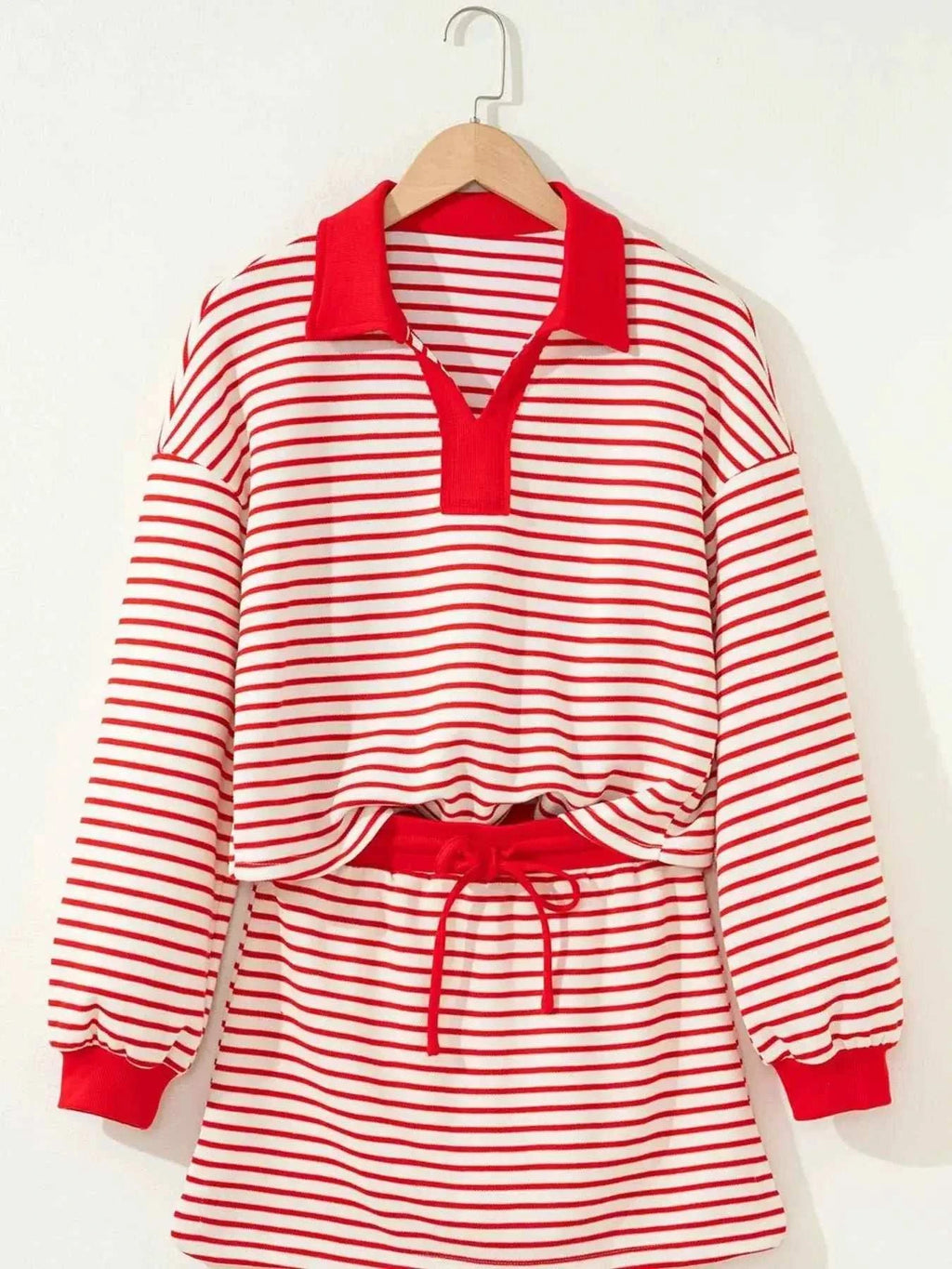 Stripe Collared V Neck Drop Shoulder Pullover and Skort 2pcs Outfit