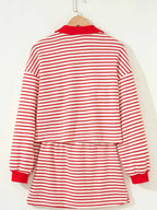 Stripe Collared V Neck Drop Shoulder Pullover and Skort 2pcs Outfit