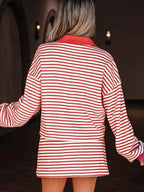 Stripe Collared V Neck Drop Shoulder Pullover and Skort 2pcs Outfit