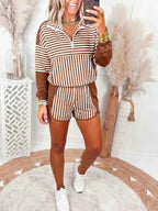 Stripe Color Block two-piece pullover and shorts set in brown and white cotton blend with quarter zip and sporty fit