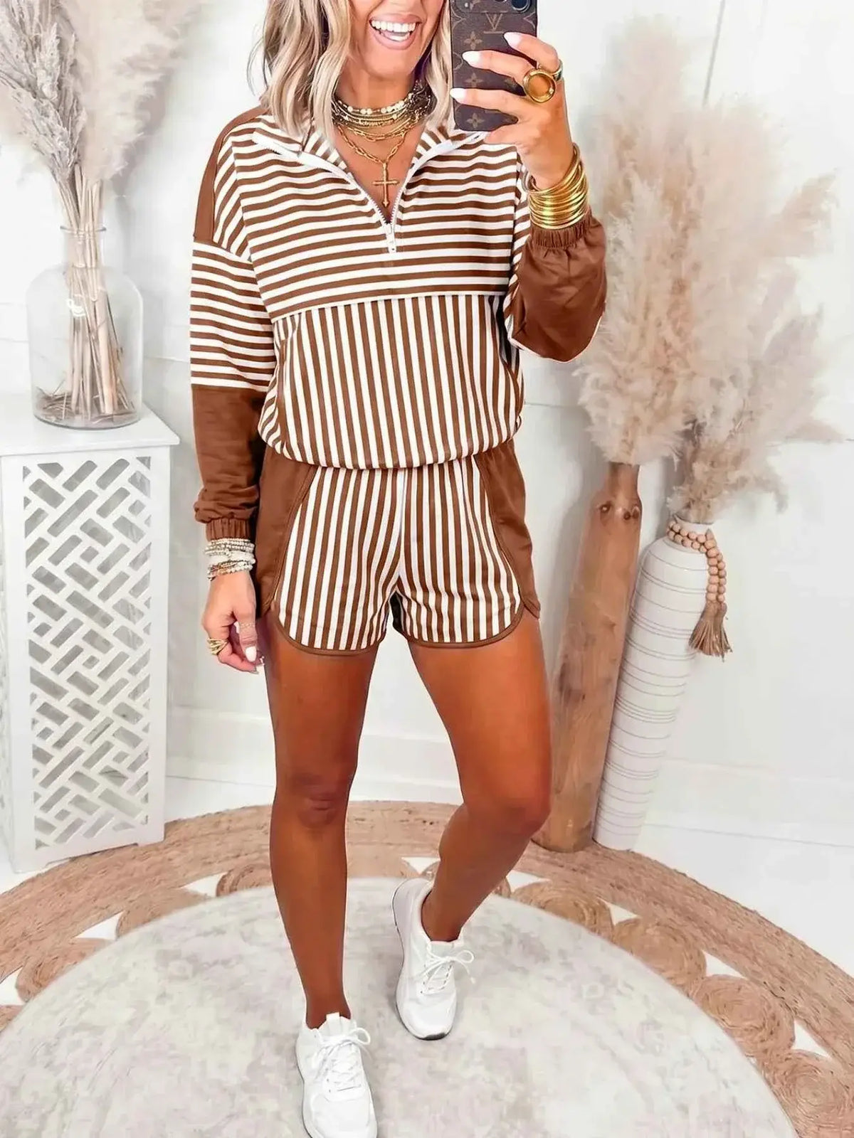 Stripe Color Block two-piece pullover and shorts set in brown and white cotton blend with quarter zip and sporty fit