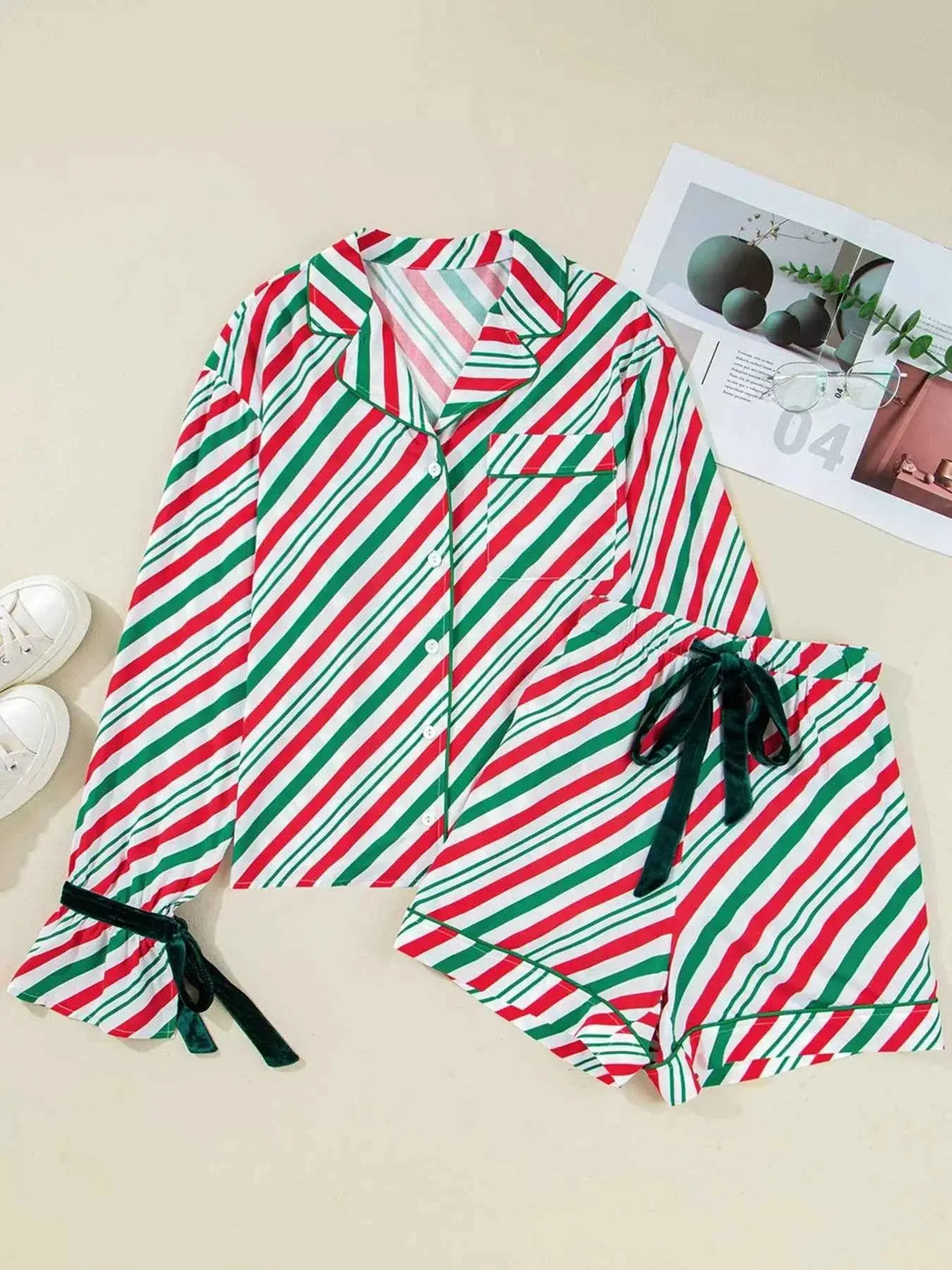 Stripe Contrast Velvet Ribbon Knot Christmas 2pcs Pajama Set
