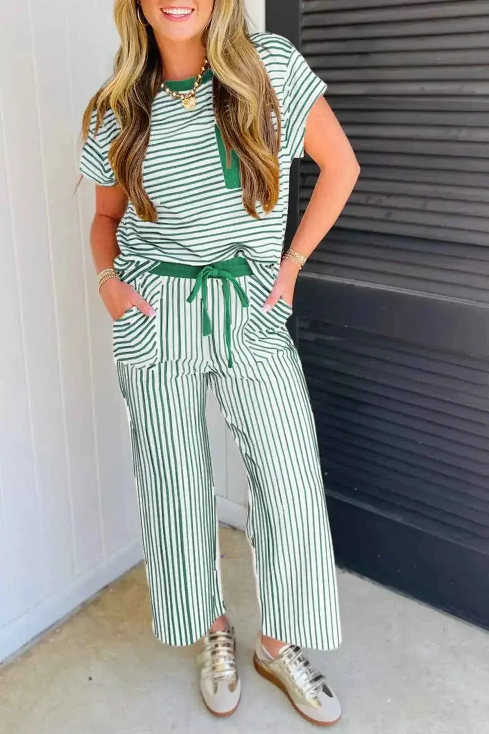 Stripe Crew Neck Tee Drawstring Waist Cropped Pants Set