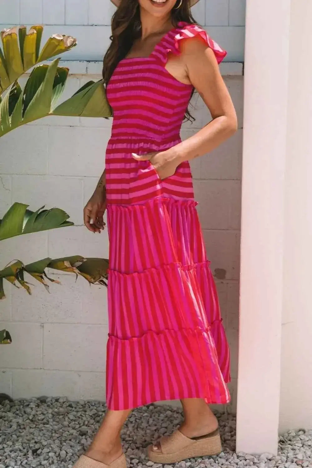 Stripe Flutter Sleeve red and pink striped smocked bodice tiered maxi dress with ruffled sleeves and pockets