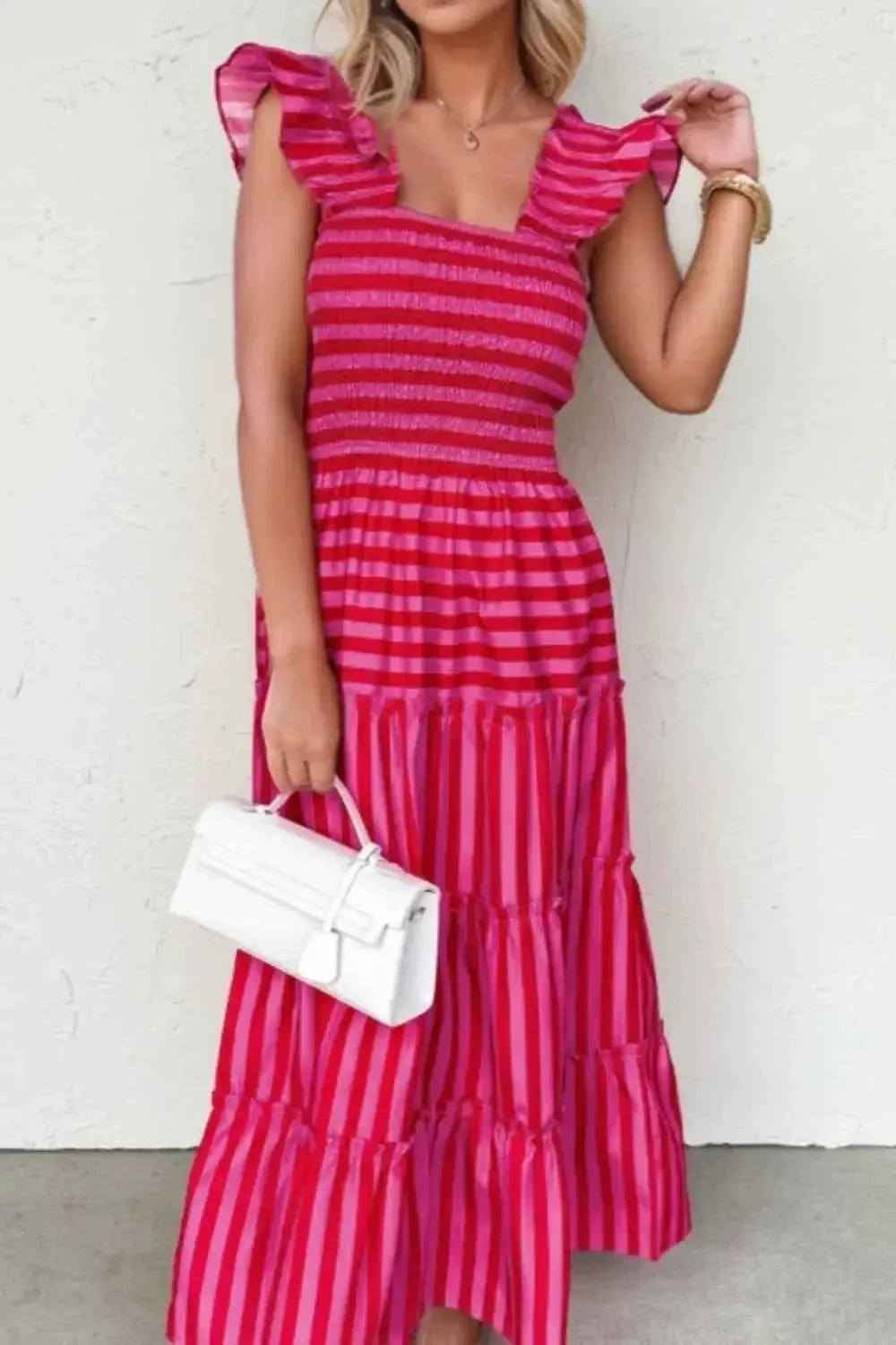 Stripe Flutter Sleeve pink and red striped smocked bodice tiered maxi dress with ruffled sleeves and frilled tiers