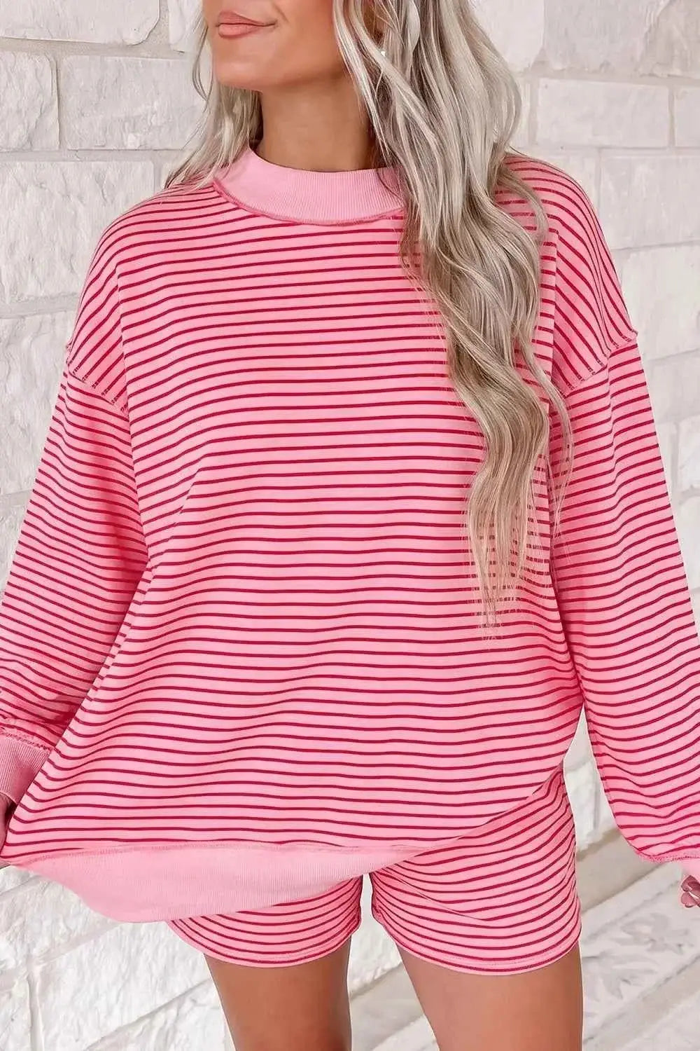 Stripe Ribbed Patchwork Mock Neck Baggy Pullover Matching Shorts Set