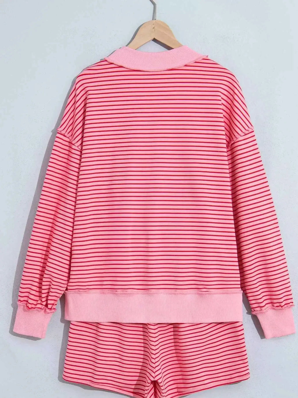 Stripe Ribbed Patchwork Mock Neck Baggy Pullover Matching Shorts Set