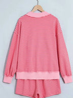 Stripe Ribbed Patchwork Mock Neck Baggy Pullover Matching Shorts Set