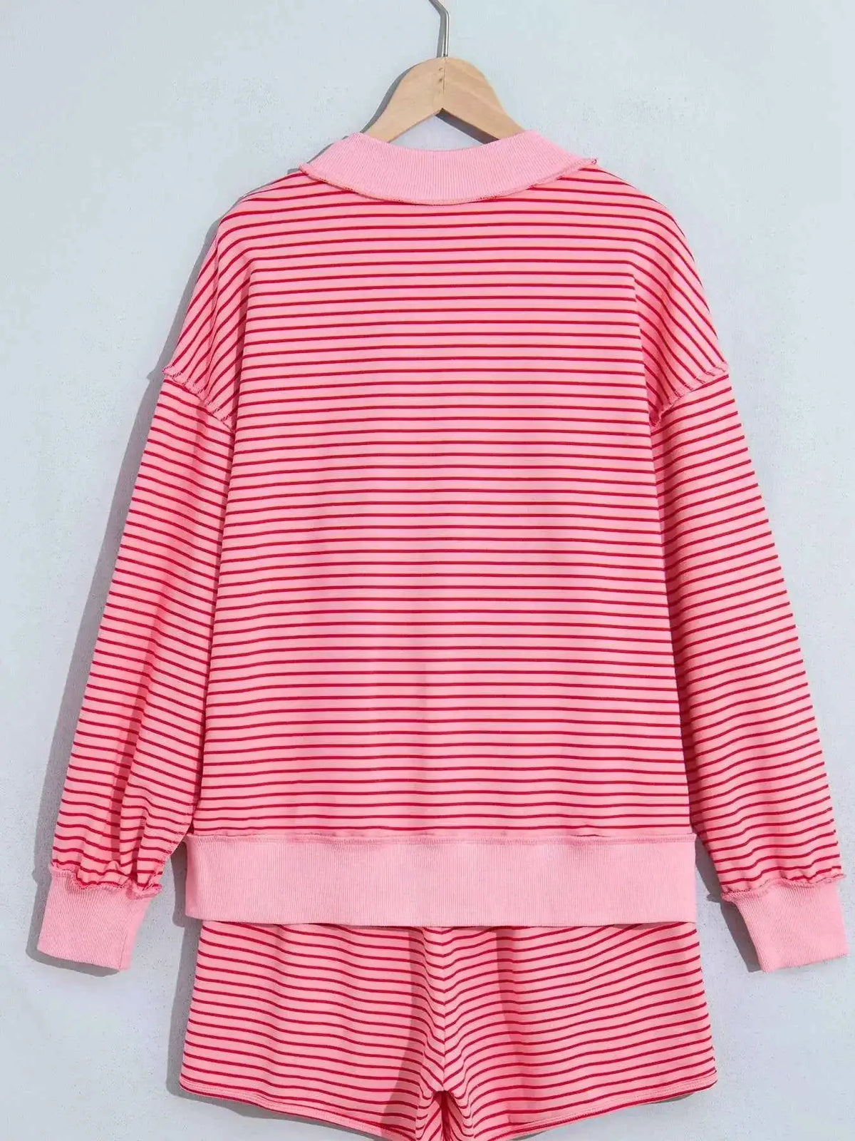 Stripe Ribbed Patchwork Mock Neck Baggy Pullover Matching Shorts Set