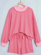 Stripe Ribbed Patchwork Mock Neck Baggy Pullover Matching Shorts Set
