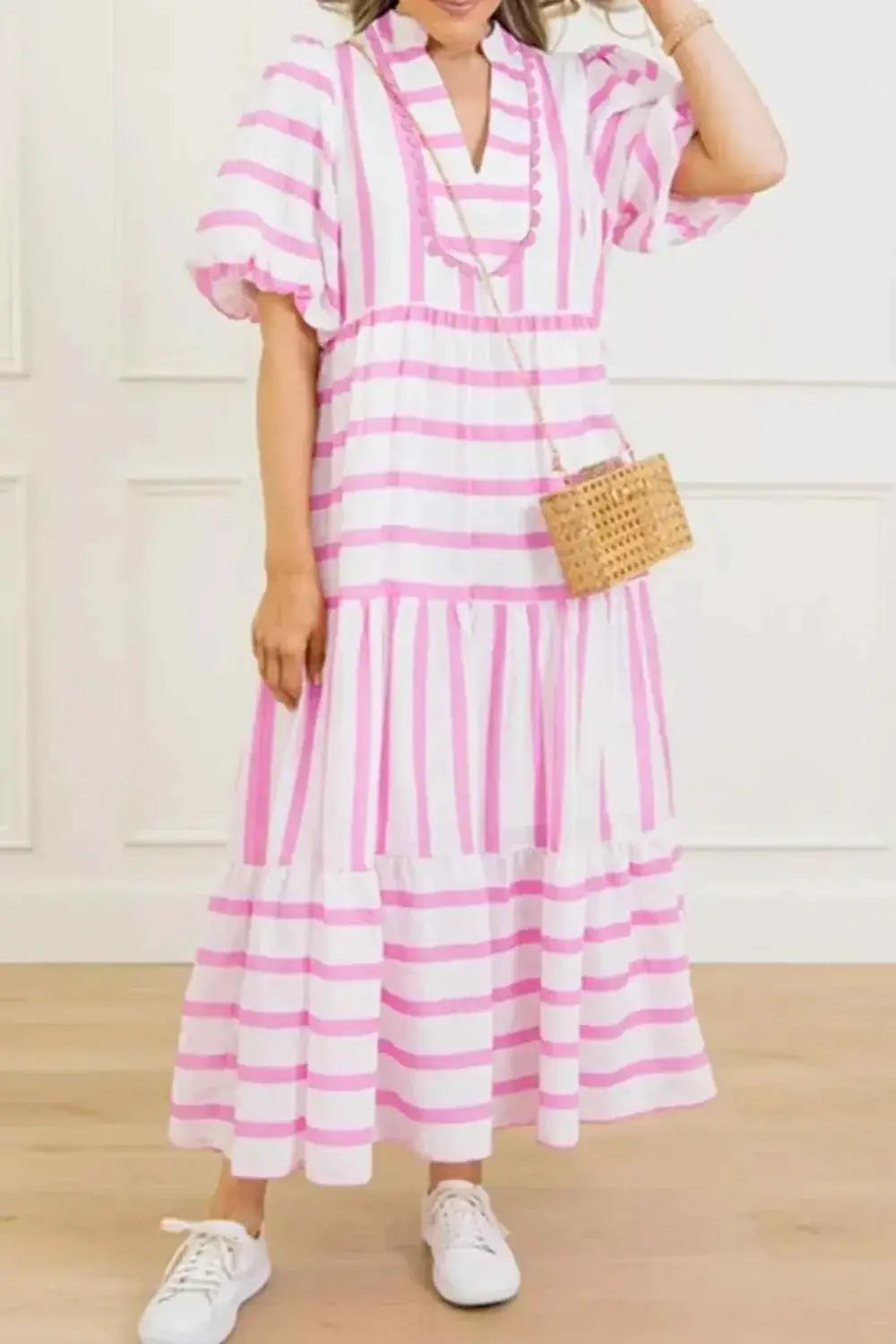 Stripe Ricrac Trim Notched Neck Half Sleeve Dress