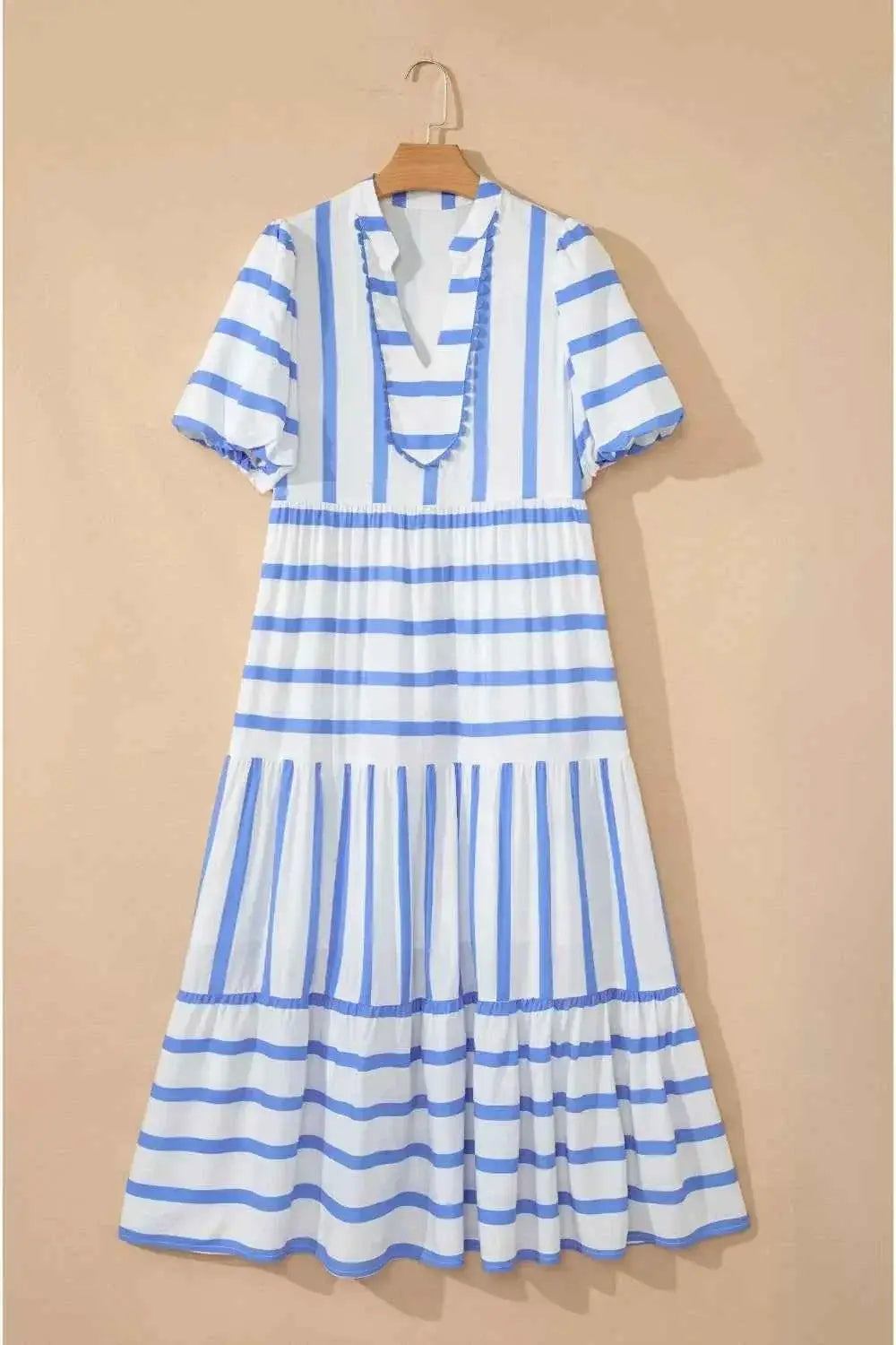 Stripe Ricrac Trim Notched Neck Half Sleeve Vacation Dress