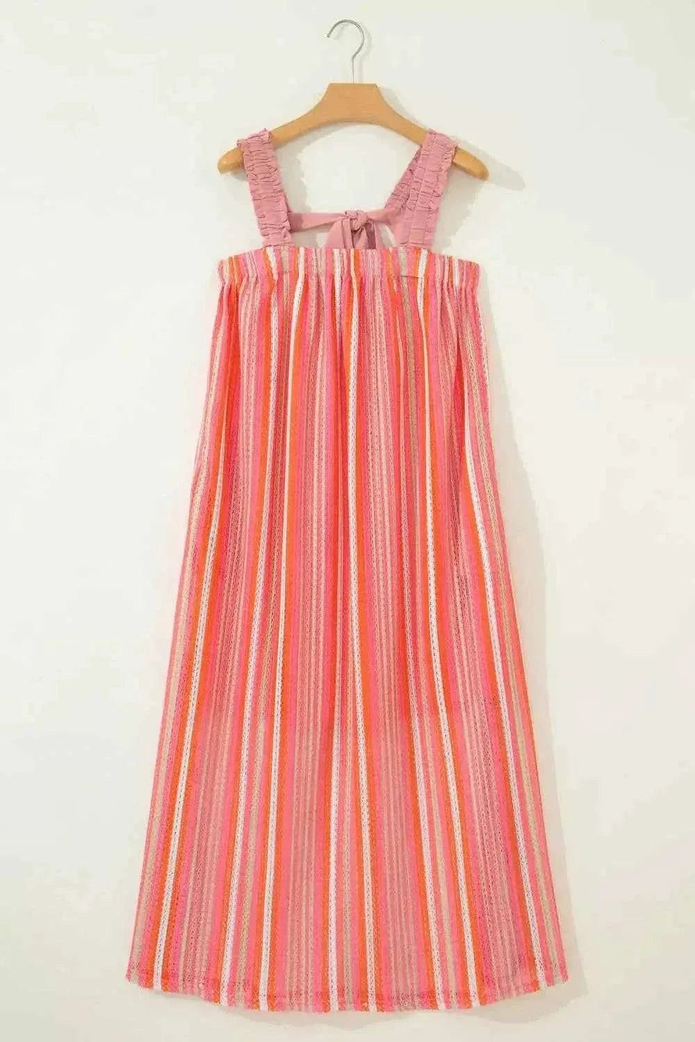 Stripe Ruffled Straps Ribbon Knot Flowy Vacation Maxi Dress