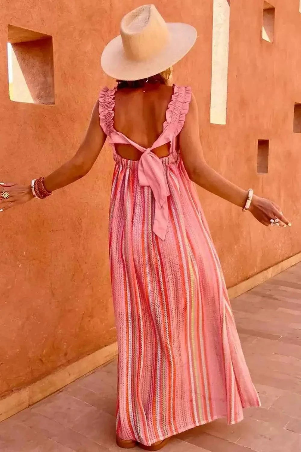 Stripe Ruffled Straps Ribbon Knot Flowy Vacation Maxi Dress