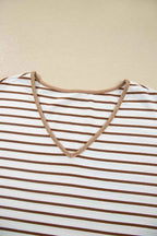 Stripe V Neck Ruffle top featuring brown and white horizontal stripes with tan trim along the V neckline