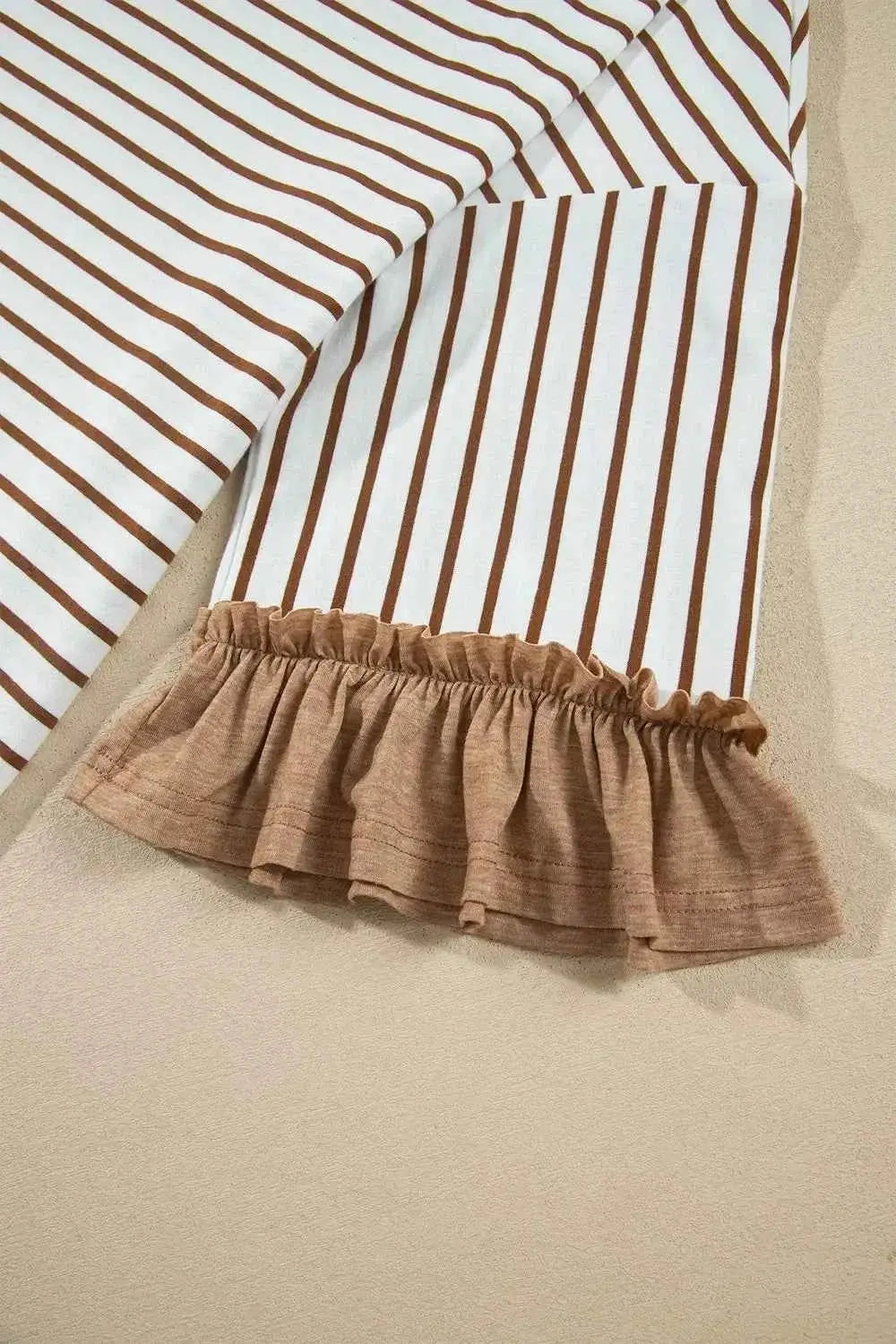 Stripe V Neck Ruffle cream and brown striped cotton top sleeve featuring a contrasting light brown ruffle trim