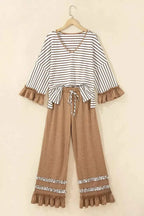Stripe V Neck Ruffle two-piece set with white and brown striped V-neck top featuring brown ruffled sleeves and matching brown drawstring pants with ruffle hems