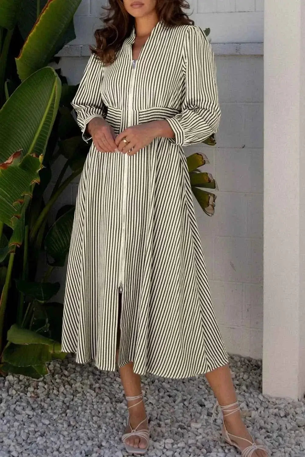 Stripe V Neck Zip Front Cinched High Waist Midi Dress