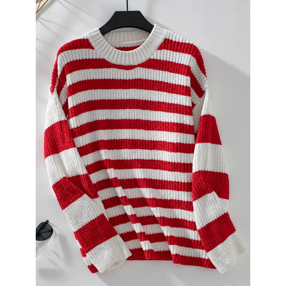 Redefine elegance with striped round neck long sleeve sweater $25.99 this garment exemplifies a basic yet sophisticated