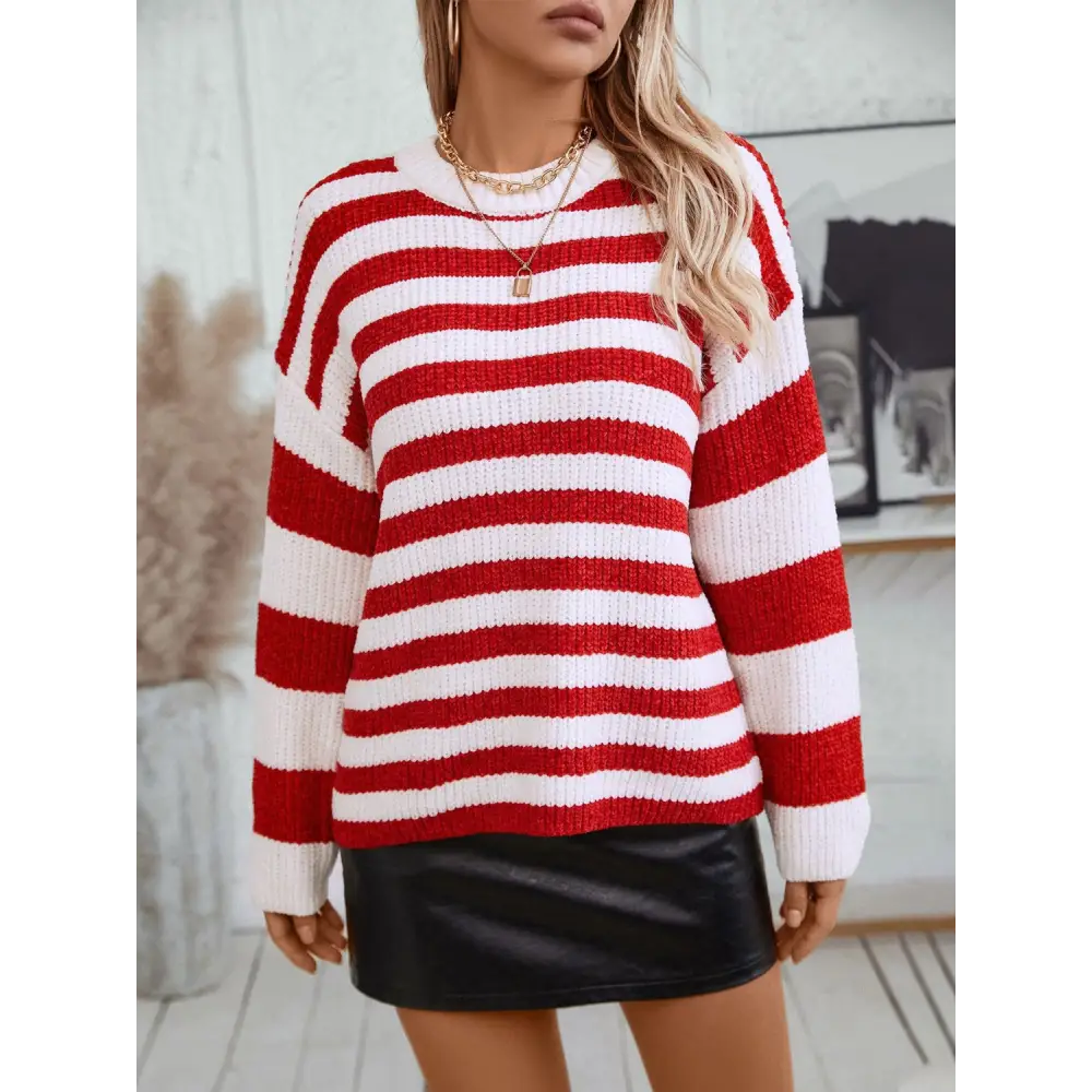 Redefine elegance with striped round neck long sleeve sweater $25.99 this garment exemplifies a basic yet sophisticated