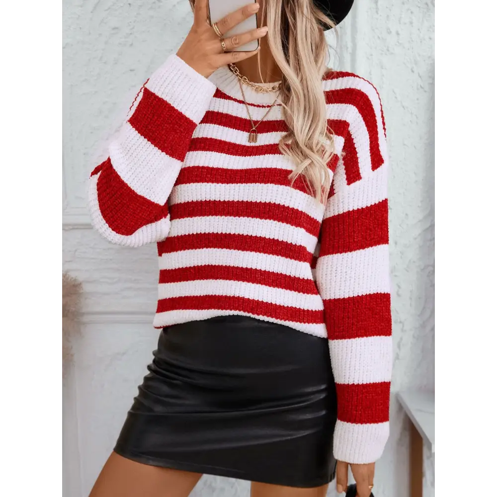 Redefine elegance with striped round neck long sleeve sweater $25.99 this garment exemplifies a basic yet sophisticated