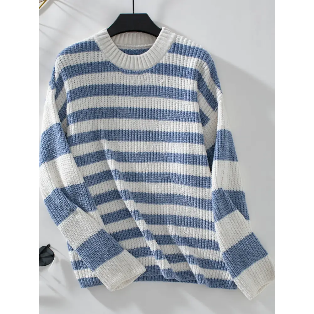 Redefine elegance with striped round neck long sleeve sweater $25.99 this garment exemplifies a basic yet sophisticated