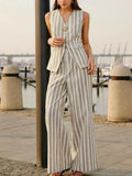 Striped Sleeveless V-Neck Top and matching wide-leg pants two-piece set in light beige with vertical green and white stripes