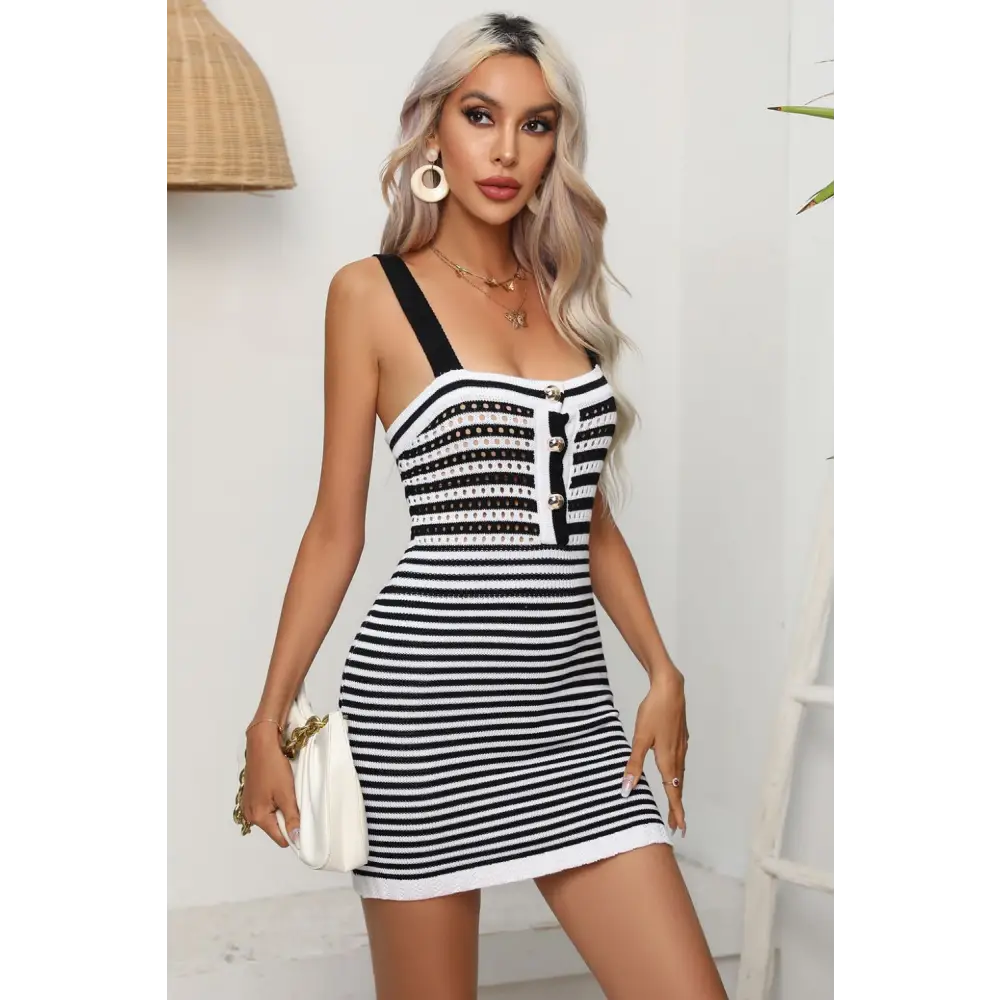 Chic striped mini dress in luxury fashion for women $21.99 pattern striped chic buttoned square neck mini sleeve