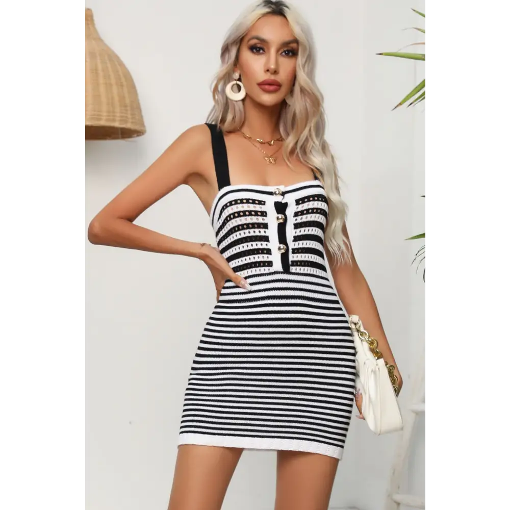 Chic striped mini dress in luxury fashion for women $21.99 pattern striped chic buttoned square neck mini sleeve