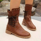 Studded Lace-Up Boots in brown PU leather with lace-up front, silver studs around the top edge, and rubber mid-height heels.