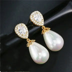 Stylish Teardrop Earrings featuring gold-tone metal with clear cubic zirconia and white teardrop imitation pearl dangles