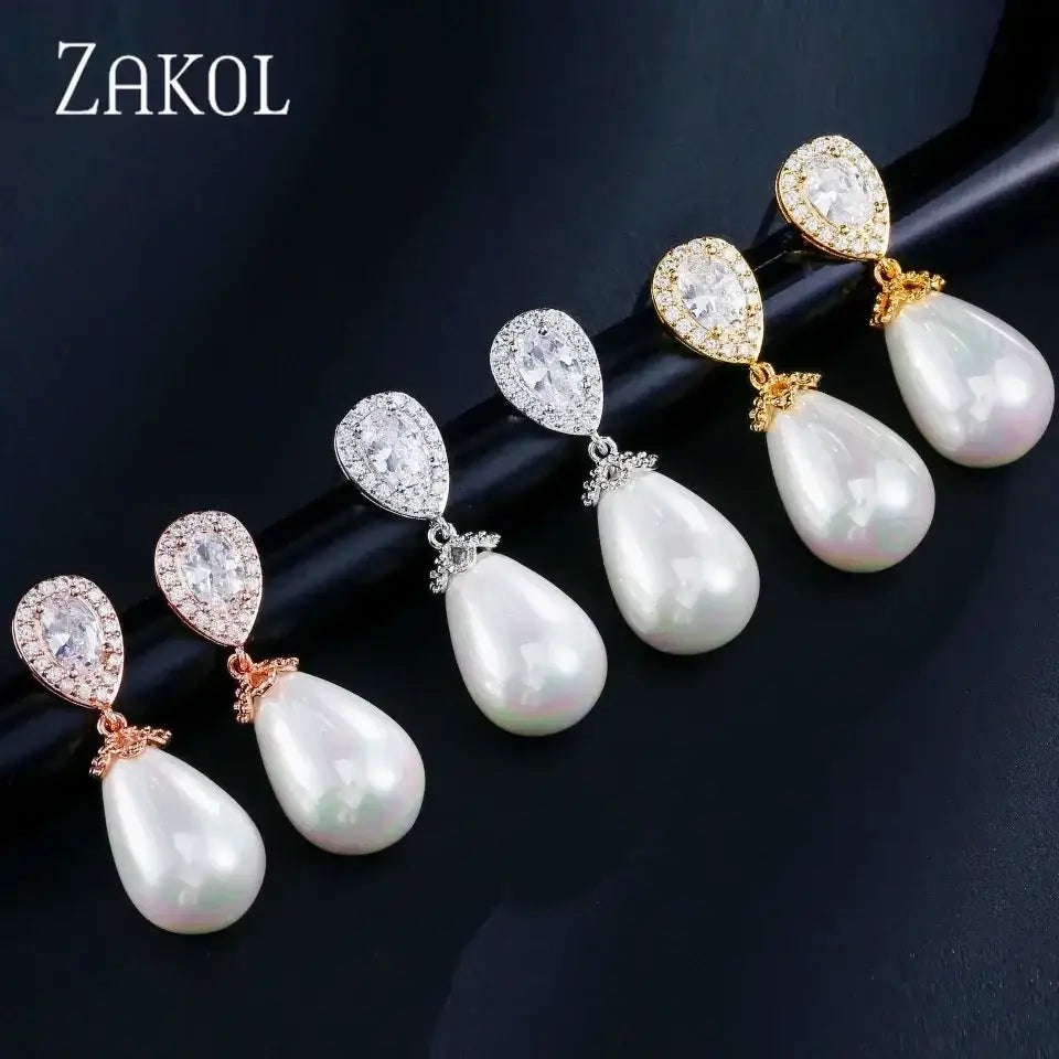 Stylish Teardrop Earrings with imitation pearl drops and cubic zirconia tops in rose gold, silver, and gold tones