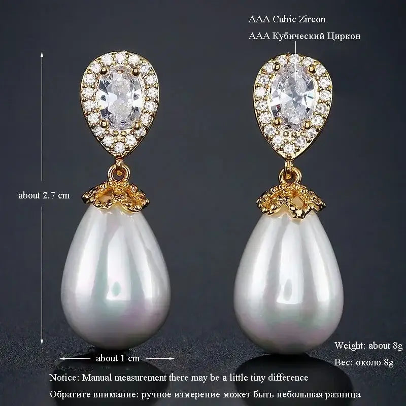 Stylish Teardrop Earrings featuring white imitation pearl water drop dangles with gold-tone cubic zirconia encrusted tops