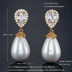Stylish Teardrop Earrings featuring white imitation pearl water drop dangles with gold-tone cubic zirconia encrusted tops