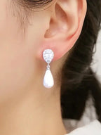 Stylish Teardrop Earrings featuring white imitation pearl drop with clear cubic zirconia and silver-tone metal setting