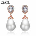 Stylish Teardrop Earrings with rose gold setting, imitation pearl drops, and oval cubic zirconia accents in teardrop shape