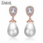Stylish Teardrop Earrings with rose gold setting, imitation pearl drops, and oval cubic zirconia accents in teardrop shape